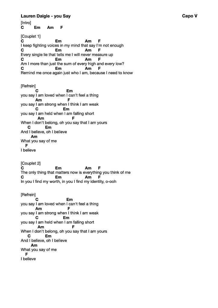 You say - Lauren Daigle (guitar chords & lyrics) NO CAPO 